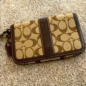 Coach - Brown Monogram Wristlet Wallet w/ Leather Trim